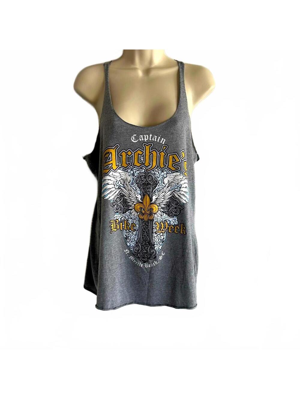 Bike Week | Ladies Captain Archie’s Fluer de Lis Grey Racerback Tank Top | Large